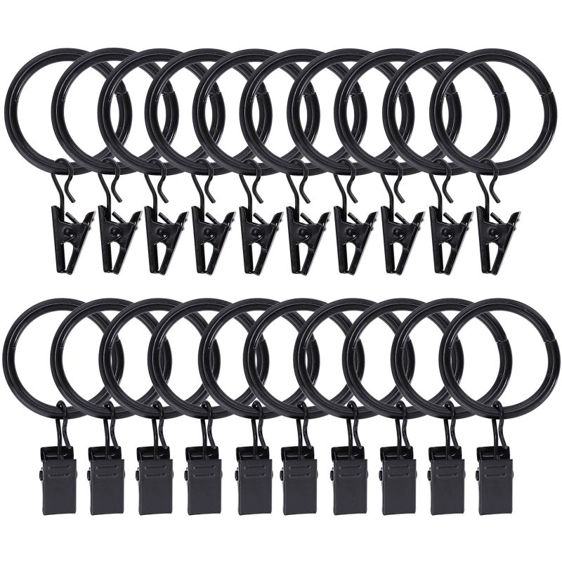Lansian 20Pack Curtain Rings with Clips, Drapery Clips for Curtain, Drapery Rings with Clips for Hanging Drapery Drapes Bows, 1 inch Interior Diameter, Fits up to 4/5 in Curtain Rod, Vintage Black - Image 1